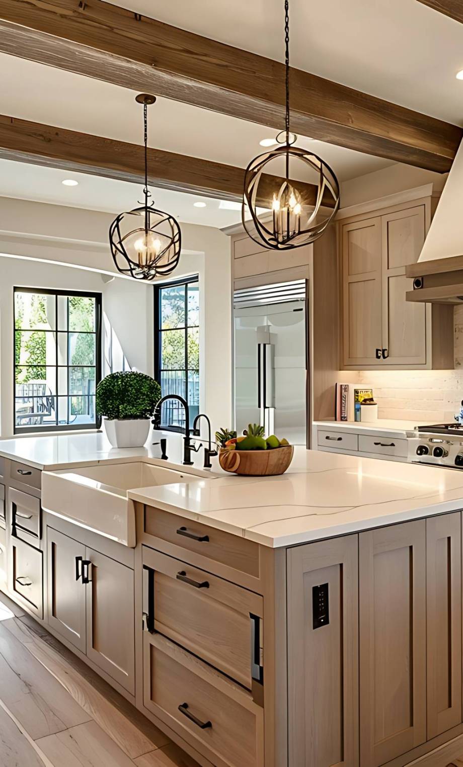 Traditional kitchen in beautiful new luxury home with hardwood floors, wood beams, and large island quartz counters. Includes farmhouse sink, elegant pendant lights, and large windows